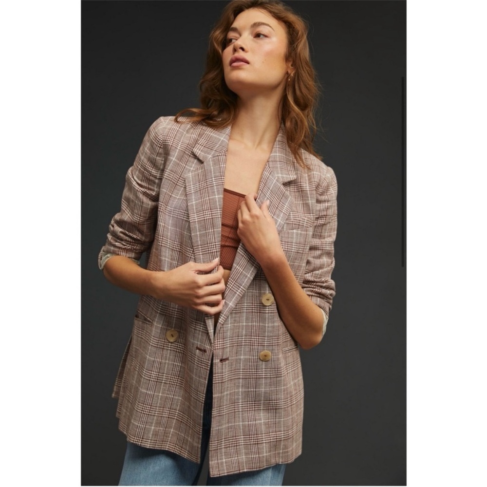 Maeve by Anthropologie Double-Breasted Plaid Blazer, Brown and White, Size 8